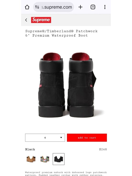 Supreme × Timberland Patchwork 6 Inch Premium Boot Black Size 8M In Hand
